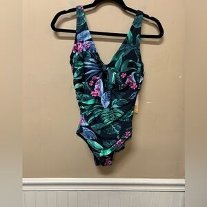 Kona Sol Full Coverage Tummy Control Tie-Front One Piece Swimsuit SZ 14 NWT
